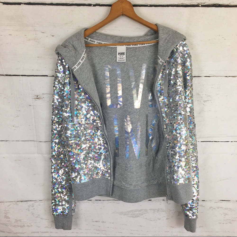 PINK Victoria's Secret Silver Sequin Zip Hoodie